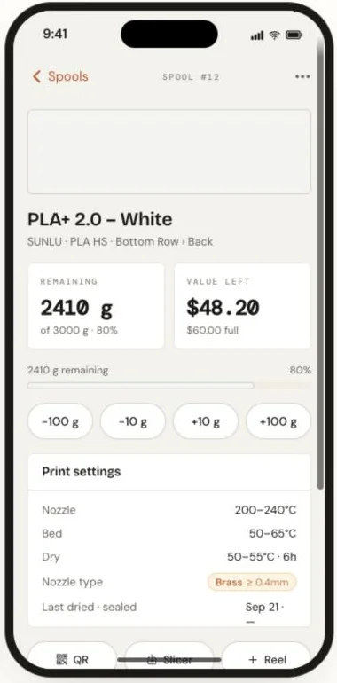 Printrack mobile app: spool detail with remaining weight and print settings