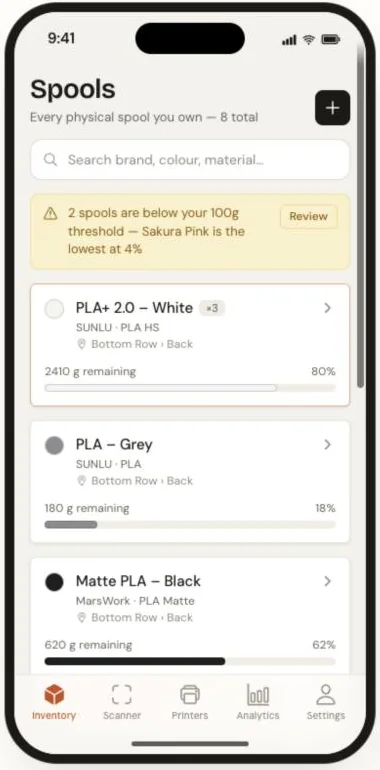 Printrack mobile app: the Spools list with low-stock alert
