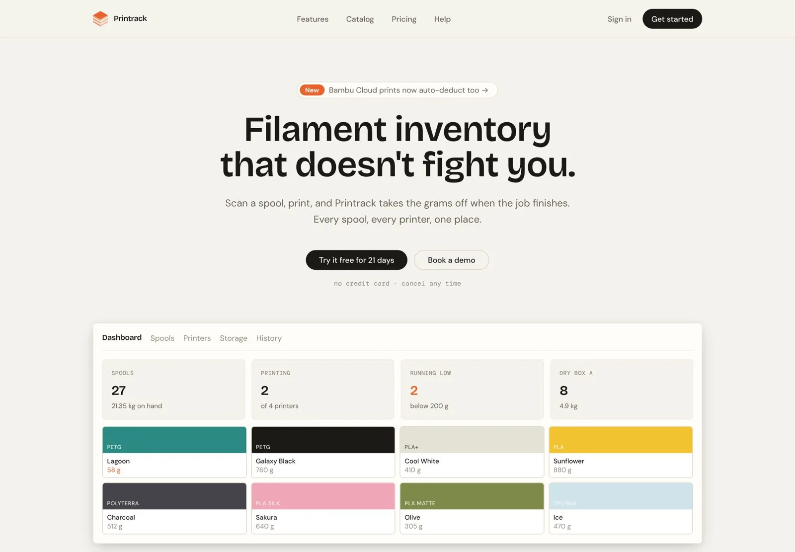 The printrack.app home page with its dashboard preview