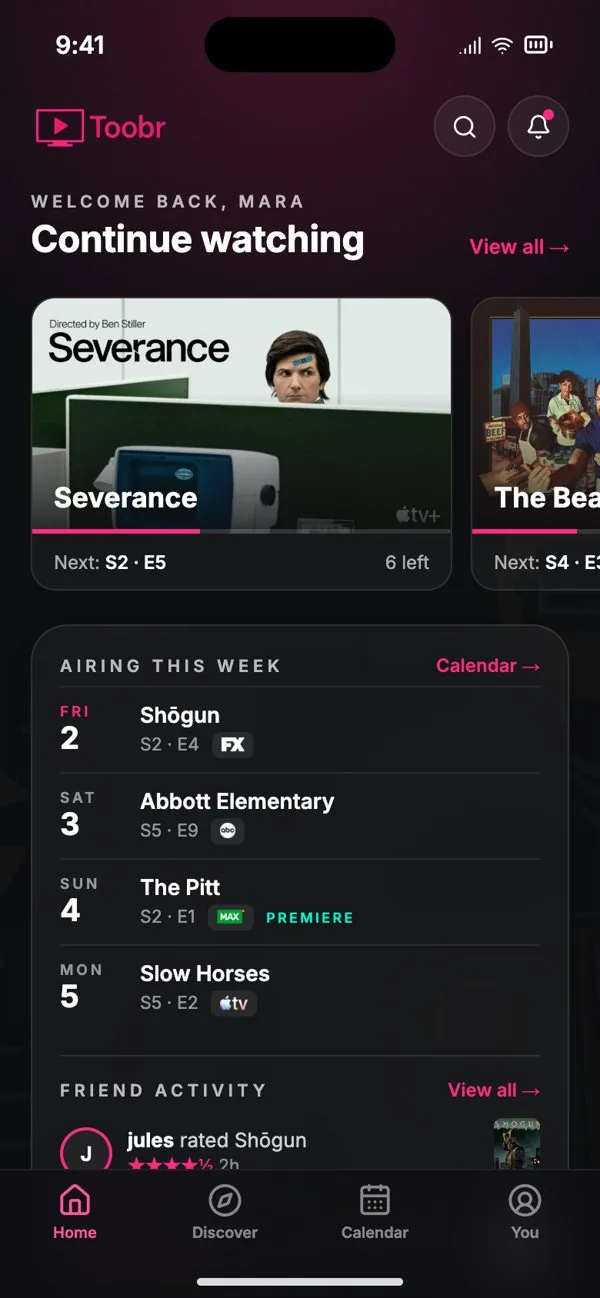 The Toobr mobile app home screen